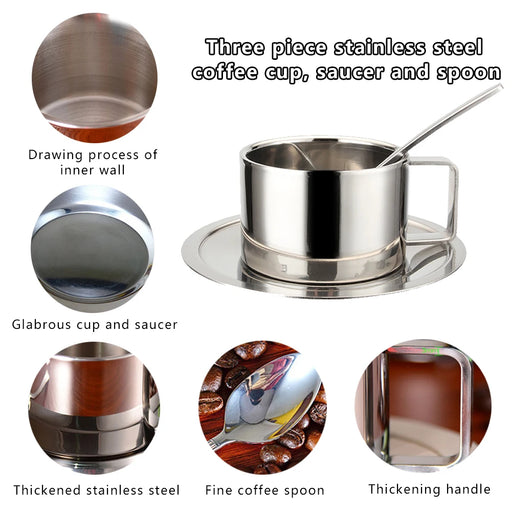 Stainless Steel Double Walled Coffee Cup Set with Saucer Spoon - Elegant Kitchen Accessories