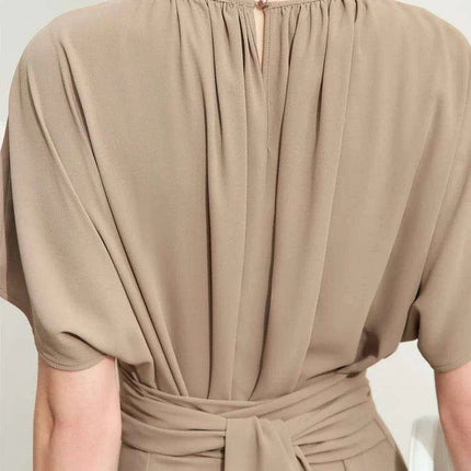 Chic Minimalist V-Neck Pleated Summer Dress with Lace-Up Detail for Women