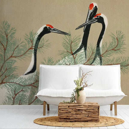 Vintage Cranes Wall Mural – Large Format Retro Bird Print, Traditional Non-Woven