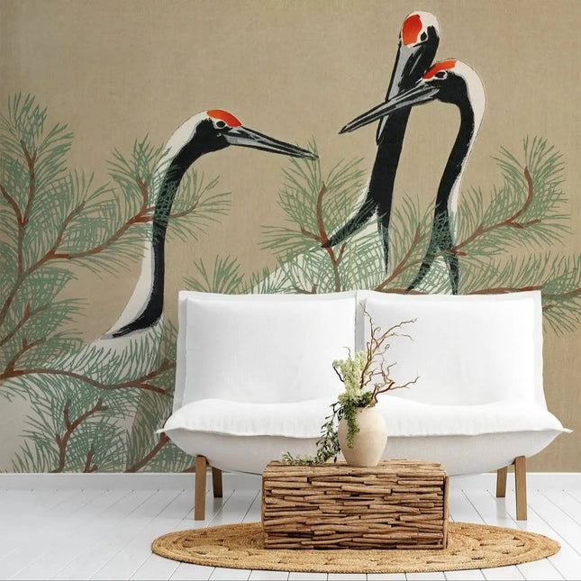 Vintage Cranes Wall Mural – Large Format Retro Bird Print, Traditional Non-Woven