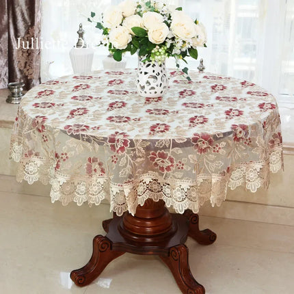 Embroidered Lace Round Tablecloth — Pastoral Rose Gold Table Linen