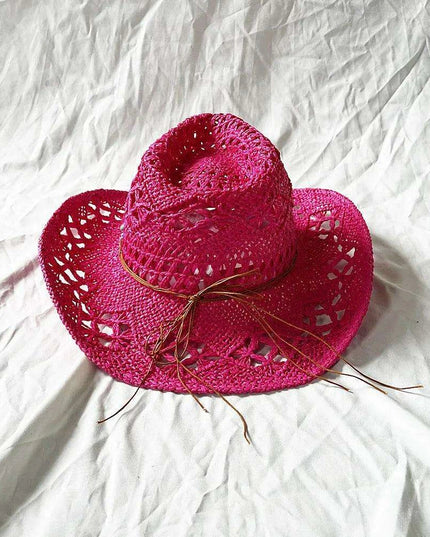 Rose Red Cowboy Straw Hat - Adjustable Wide Brim Sun Hat for All Seasons