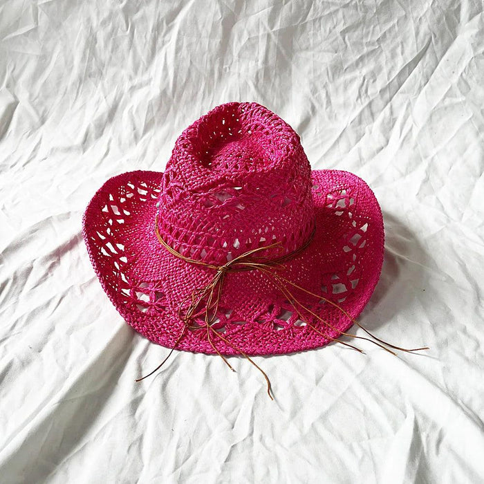 Rose Red Cowboy Straw Hat - Adjustable Wide Brim Sun Hat for All Seasons