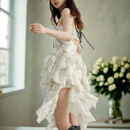 Trendy Women's Strapless Mini Dress with Ruffled Details and Asymmetrical Hem