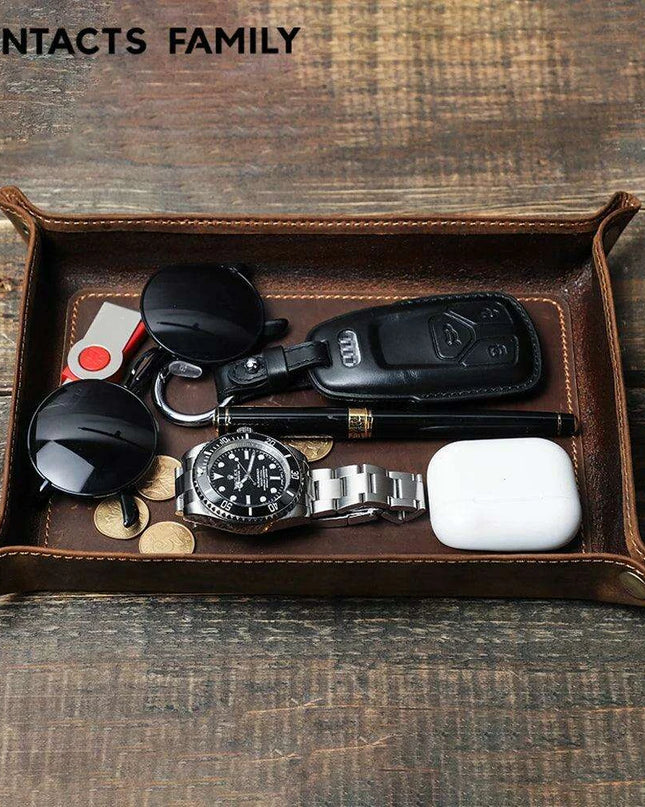Elegant Cowhide Leather Organizer Tray for Keys, Wallets, and Coins: A Stylish Storage Solution