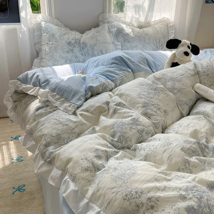Korean Lace Ruffle Bedding Set | Soft Printed Duvet Cover & Sheets