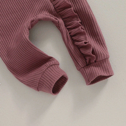 Autumn Ruffled Baby Girl Jumpsuit with Matching Bow Headband - Cozy Solid Color Romper for Newborns 0-12 Months