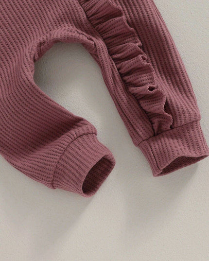 Autumn Ruffled Baby Girl Jumpsuit with Matching Bow Headband - Cozy Solid Color Romper for Newborns 0-12 Months