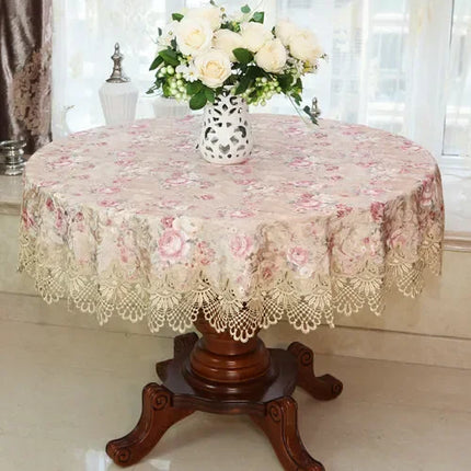 Embroidered Lace Round Tablecloth — Pastoral Rose Gold Table Linen