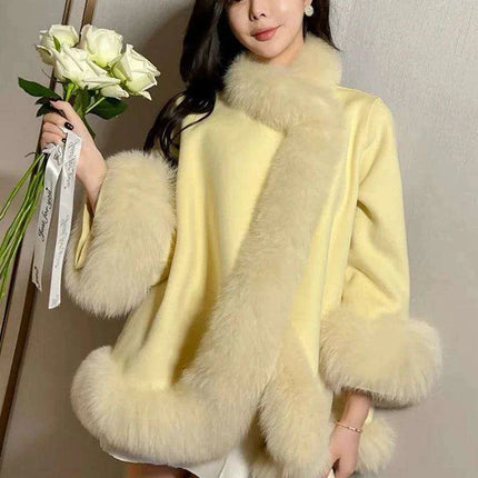 Chic White Wool Cape with Genuine Fox Fur Embellishments - Women's Fashion Outerwear