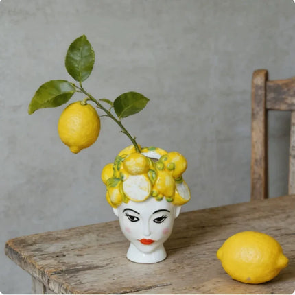 Hand Drawn Lemon Relief Ceramic Vase, Lemon Girl Desktop Flower Vase,