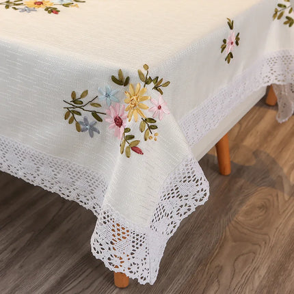 Europe Flowers White Hollow Lace Tablecloth Cotton Linen Dustproof Dining Table