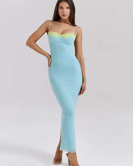 Elegant Backless Patchwork Bodycon Maxi Dress for Women