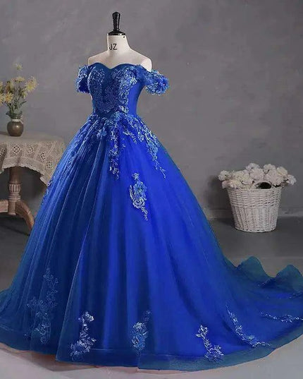 Stunning Off-The-Shoulder Cerulean Quinceanera Ball Gown with Graceful Lace Details and Dramatic Train