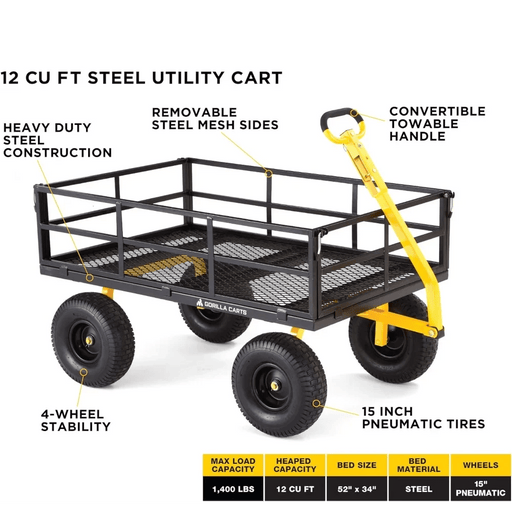 Heavy-Duty 2-in-1 Convertible Utility Cart with Removable Sides, 12 cu ft, 1400 lb Capacity