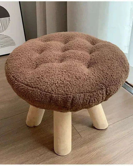 Scandinavian Round Wooden Pouf Stool with Easy-Care Cover