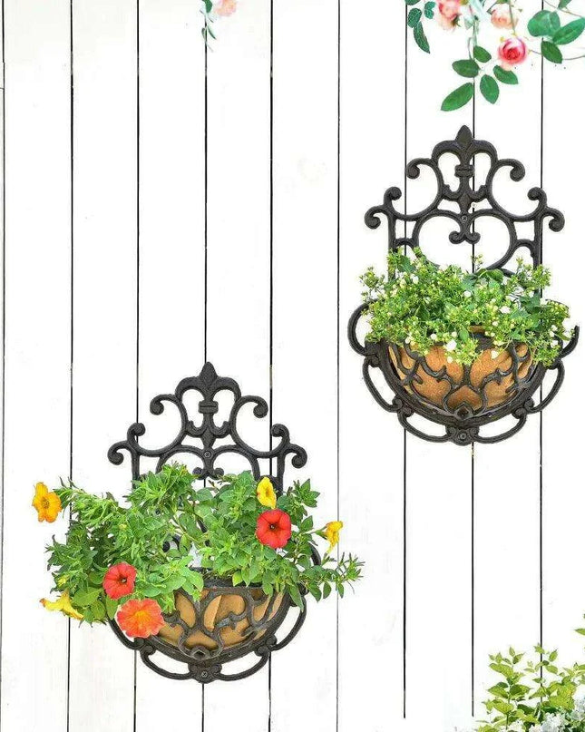 Antique-Style Brown Cast Iron Wall Planters - Set of 2