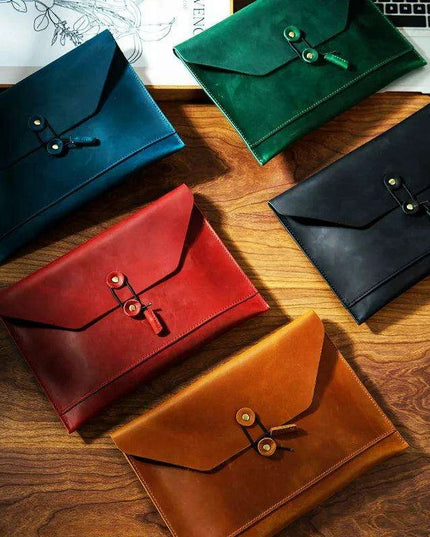 Retro Cowhide Leather Laptop Sleeve with Multi-Functional Storage