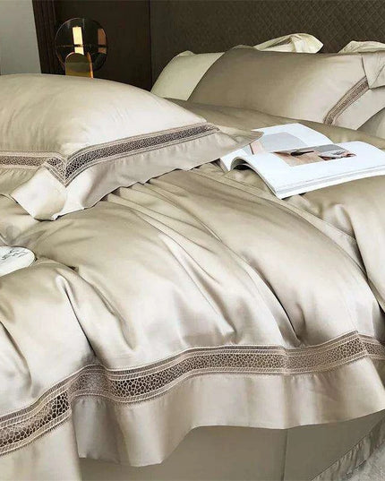 Sumptuous 1000TC Egyptian Cotton Bedding Ensemble with Elegant Hollow Lace - Duvet Cover, Flat & Fitted Sheets, Pillowcases for Queen & King Beds