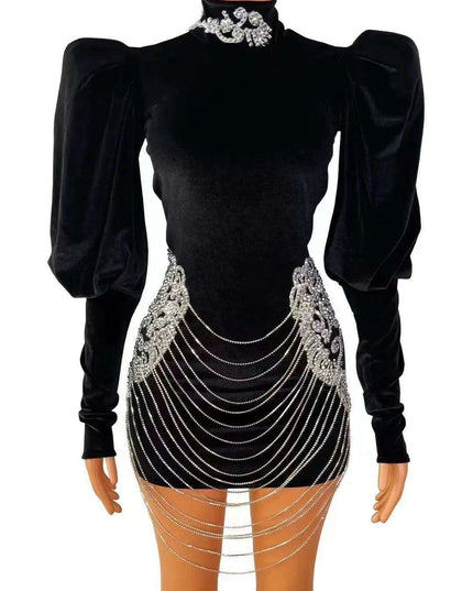 Elegant Custom-Fit Black Velvet Dress with Dazzling Silver Rhinestones