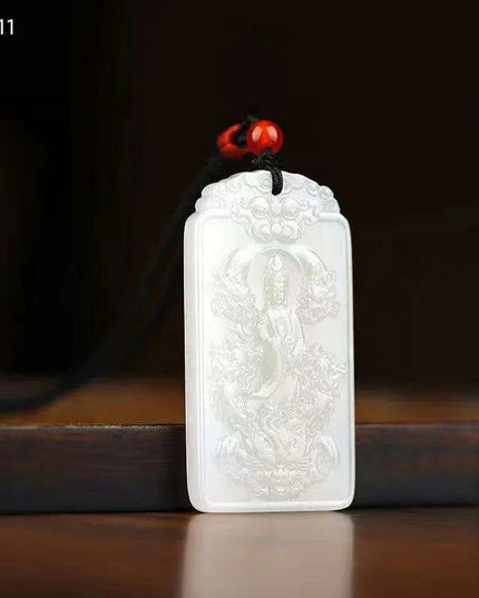 Divine Hetian Jade Kowloon Guanyin Blessing Amulet Necklace