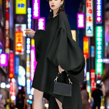 Batwing Sleeve Solid Color Dress for Autumn