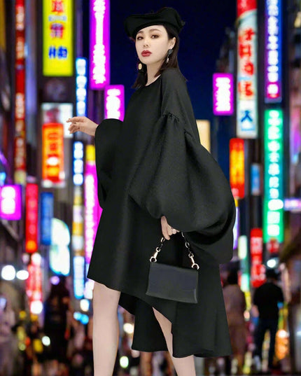 Batwing Sleeve Solid Color Dress for Autumn