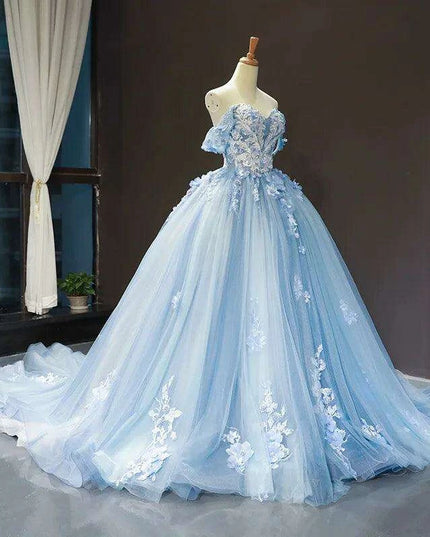 Stunning Off-The-Shoulder Cerulean Quinceanera Ball Gown with Graceful Lace Details and Dramatic Train