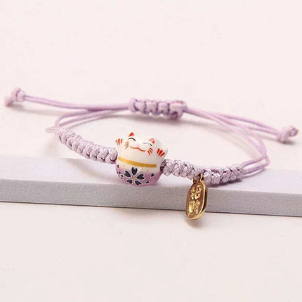Whimsical Rainbow Braided Lucky Cat Bracelet - Adjustable Ceramic Good Fortune Jewelry