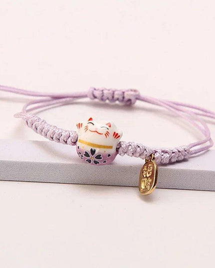 Whimsical Rainbow Braided Lucky Cat Bracelet - Adjustable Ceramic Good Fortune Jewelry
