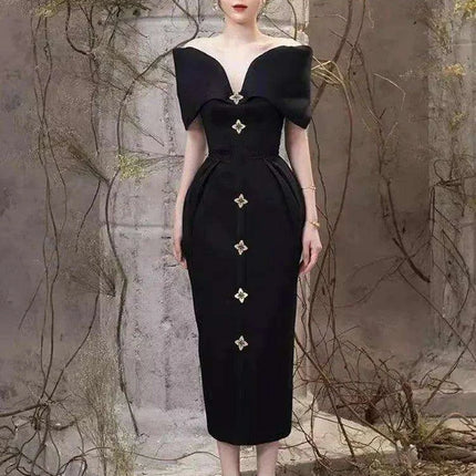 High-Waisted Evening Gown with Asymmetrical Neckline and Slit Detail