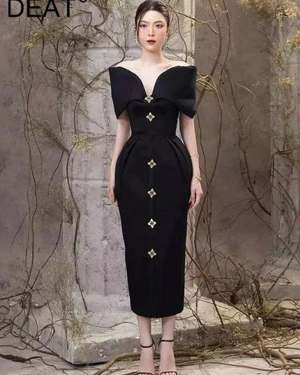 High-Waisted Evening Gown with Asymmetrical Neckline and Slit Detail