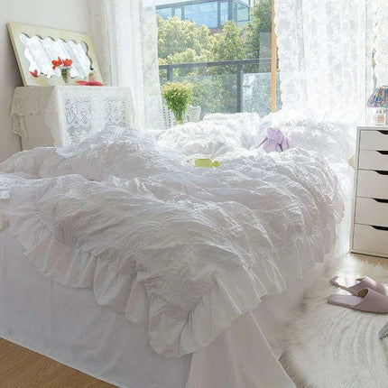 Princess White Ruffled Seersucker Bedding Set for Girls