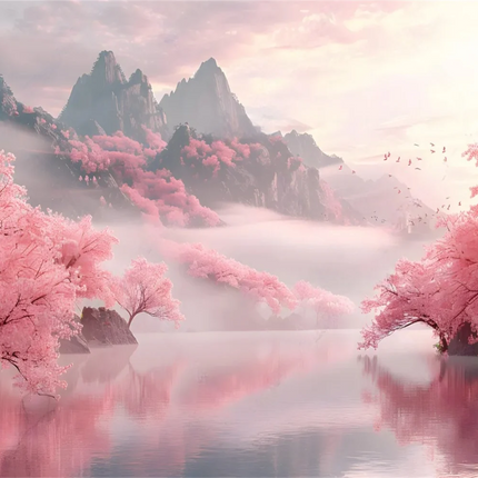 Mountain Lake Cherry Blossom 3D Mural Wallpaper
