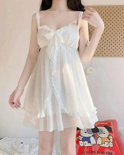Sophisticated White Women's Lace Bow Sleepwear Collection - Chic Mesh Gown and Robe Set
