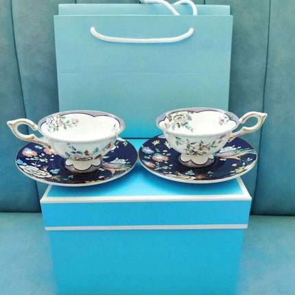 Opulent Midnight Blossom Crane Bone China Tea Set with Gold Accents