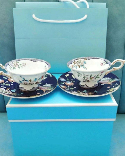 Opulent Midnight Blossom Crane Bone China Tea Set with Gold Accents