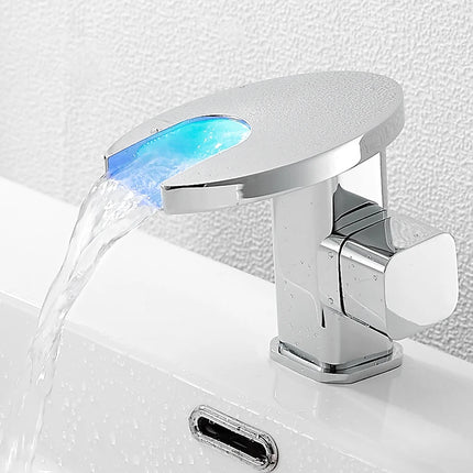 BAKALA Brass Waterfall LED Bathroom Faucet, Color Change, Mixer Tap