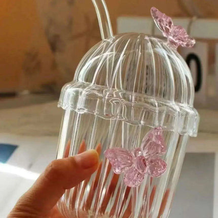 Elegant 3D Butterfly Round Glass Mug for Stylish Floral Drinks