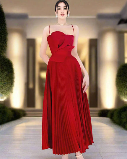 Stylish Red Floral Pleated Midi Dress - Sleeveless Slim Fit