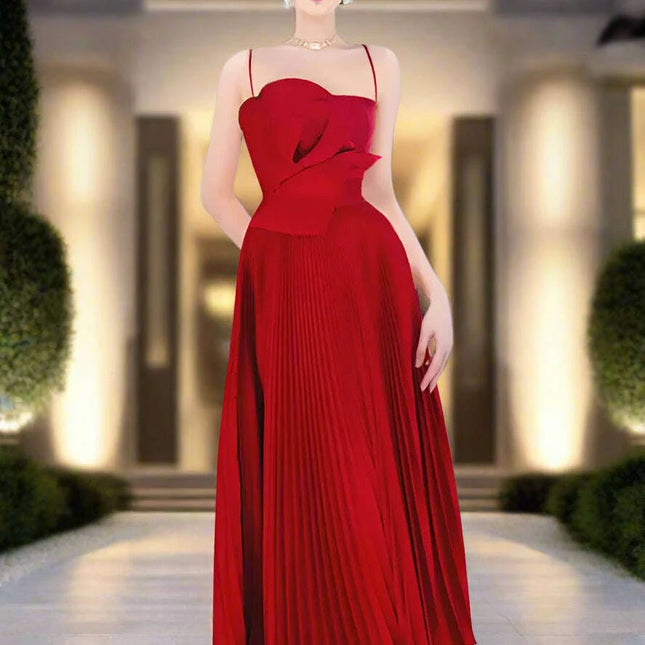 Stylish Red Floral Pleated Midi Dress - Sleeveless Slim Fit