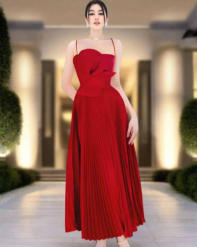 Stylish Red Floral Pleated Midi Dress - Sleeveless Slim Fit