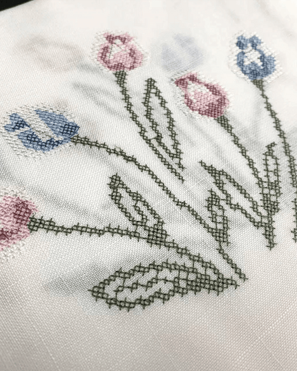 Tulip Elegance Cross-Stitch Table Runner - Exquisite Floral Embroidery - Natural Rustic Appeal - 72" - Perfect for Home, Airbnb, Hotel