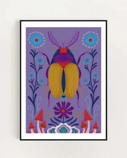 Enchanting Insect Canvas Art: Vibrant Moth and Golden Beetle Decor for a Playful Home