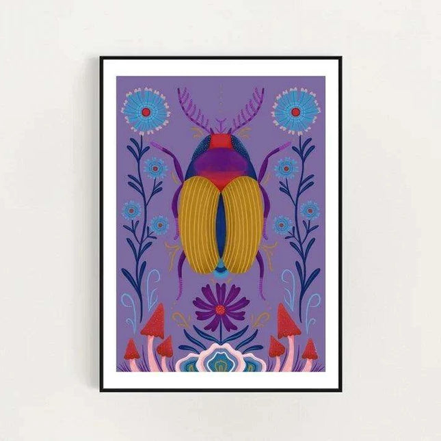 Enchanting Insect Canvas Art: Vibrant Moth and Golden Beetle Decor for a Playful Home