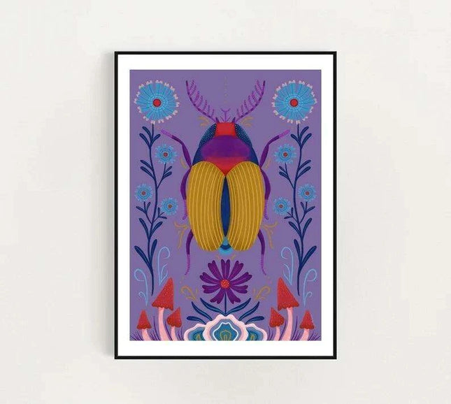 Enchanting Insect Canvas Art: Vibrant Moth and Golden Beetle Decor for a Playful Home