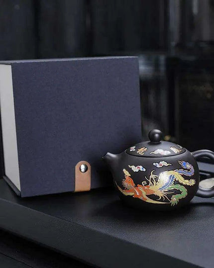 Mystical Heat-Responsive Purple Clay Teapot with Dragon and Phoenix Motif