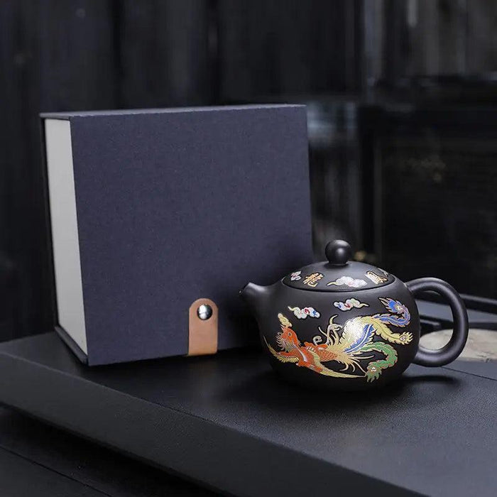 Mystical Heat-Responsive Purple Clay Teapot with Dragon and Phoenix Motif