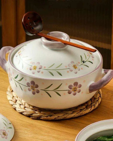 Elegant Japanese Taro Clay Casserole with Purple Floral Design for Gas Cooking: Experience Authentic High-Heat Culinary Traditions