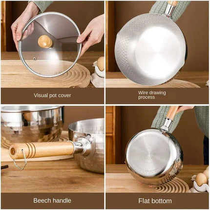 Japanese Stainless Steel Snow Pan with Ergonomic Wooden Handle and Lid - Perfect for Stewing, Frying, and Milk Heating